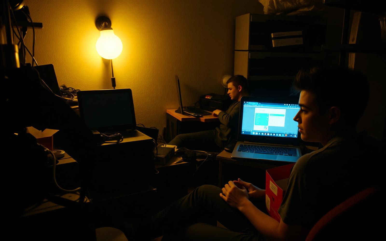 Two founders working by laptop light in a cramped apartment at night