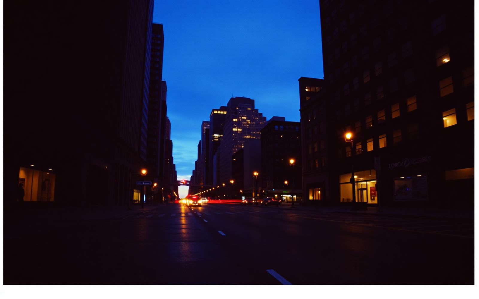 Manhattan's financial district before sunrise, empty streets under a deep blue sky