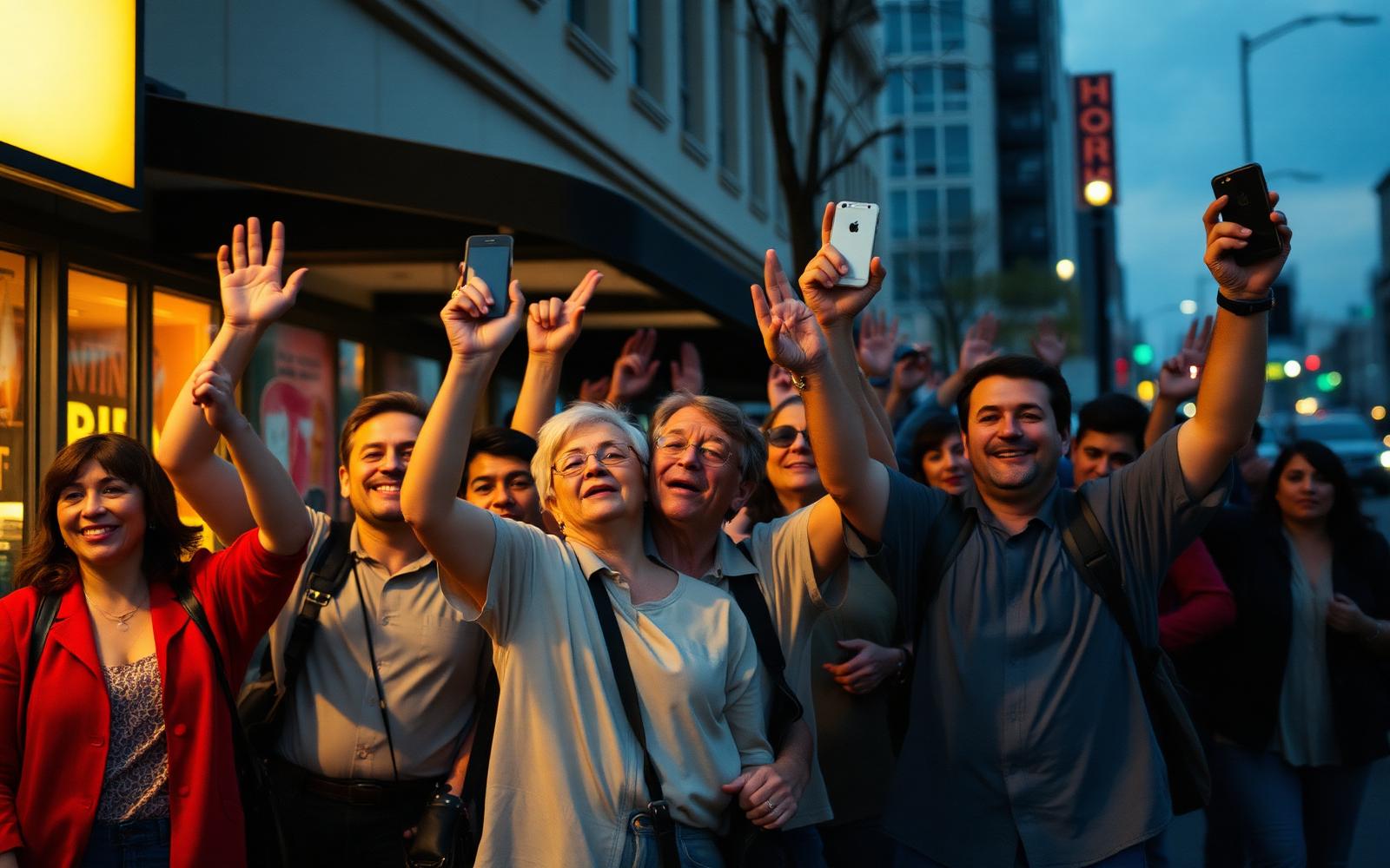 Retail investors celebrating together on a city sidewalk at dusk