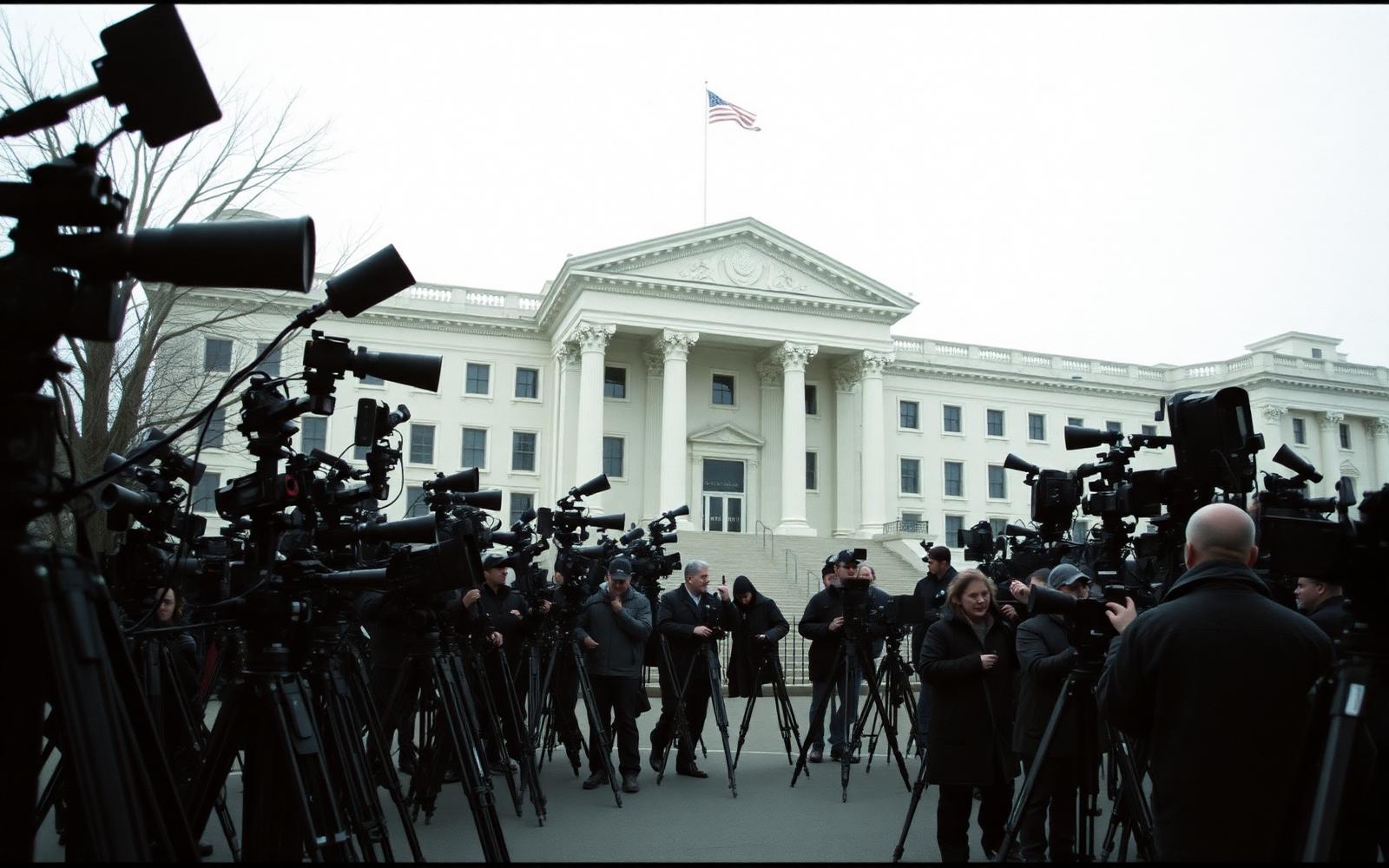 News cameras massed outside a government building on an overcast morning