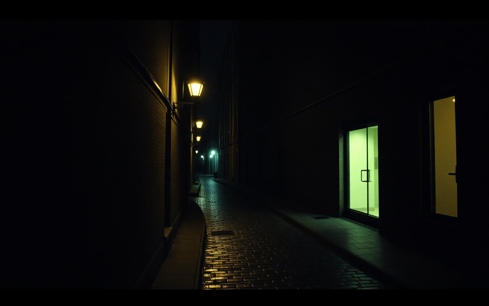 An empty Wall Street style stone canyon at night with wet cobbles